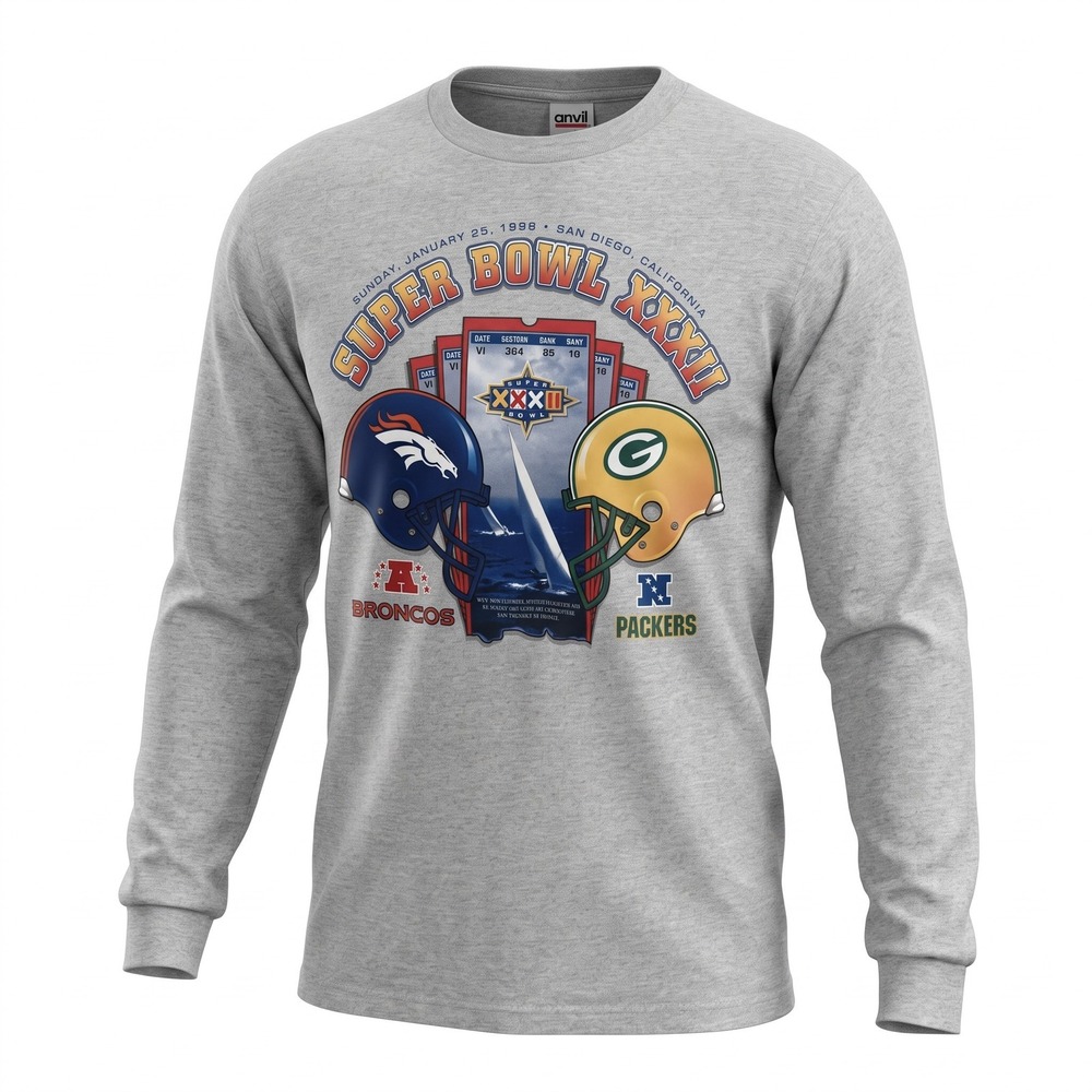 Vintage 90s Super Bowl XXXII 1998 Long Sleeve Shirt XL Broncos vs Packers Anvil